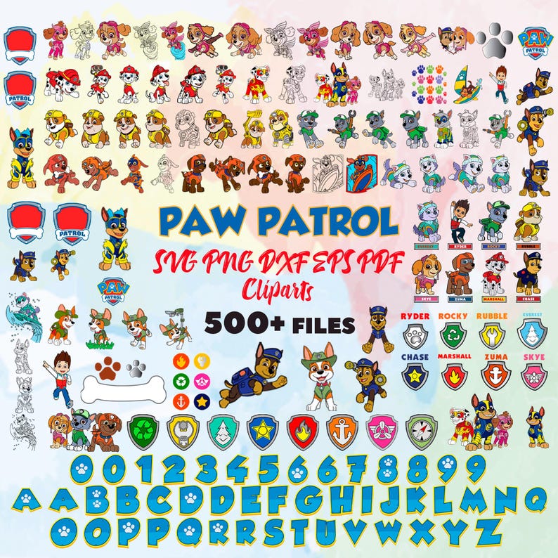 May include: A collection of colorful Paw Patrol clip art images. The image includes various characters, badges, numbers, and letters. The text "Paw Patrol" and "500+ Files" are also visible. The clip art is suitable for digital design projects.