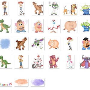 May include: A collection of watercolor illustrations featuring characters from the animated film series. The images include a cowboy, a space ranger, a dinosaur, a pig, and other characters on a white background.