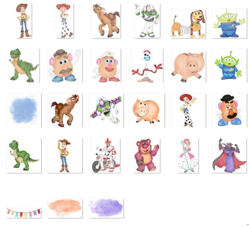 May include: A collection of watercolor illustrations featuring characters from the animated film series. The images include a cowboy, a space ranger, a dinosaur, a pig, and other characters on a white background.