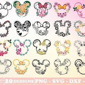 Puede incluir: Veinte diseños de silueta en blanco y negro de orejas de Mickey Mouse con adornos florales. Los diseños florales incluyen corazones, flores y hojas.