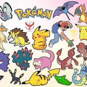 May include: A colourful illustration featuring various Pok&eacute;mon characters, including Pikachu, Charizard, and Bulbasaur. The image also includes the text "Pok&eacute;mon" and "Team Valor".