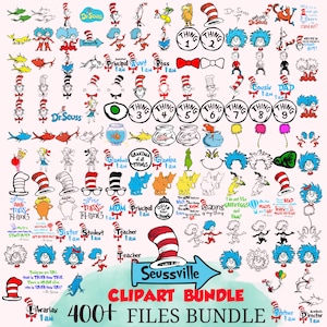 May include: A collection of Dr. Seuss-themed clipart, featuring characters, hats, and text elements. The image includes the words "Seussville" and "Clipart Bundle 400+ Files Bundle". The illustrations are in a colorful, cartoon style.