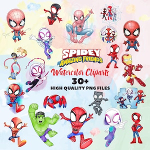Può includere: Una collezione di clipart ad acquerello con personaggi di Spidey e i suoi Fantastici Amici, tra cui Spider-Man, Spider-Gwen e Hulk. Il testo "Spidey and His Amazing Friends" e "Watercolor Cliparts" è incluso.