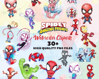 Paquete de imágenes prediseñadas de acuarela de Spidey y sus increíbles amigos, imágenes prediseñadas en acuarela, diseño digital PNG, alta resolución, descarga instantánea