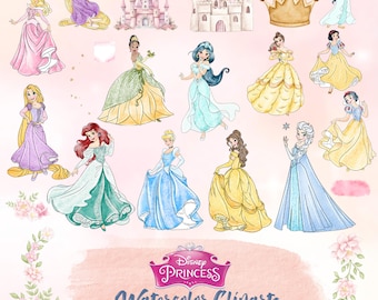 Watercolor Princess Png Bundle, Princess Watercolor Clip Art, Digital Elsa, Aurora, Mermaid, Anna, Jasmine, Tiana, Belle, Diana Luna Clipart