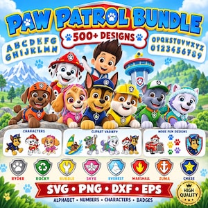 Puede incluir: Un paquete digital de Paw Patrol con más de 500 diseños que incluyen personajes, letras del alfabeto, números e insignias. La imagen muestra varios cachorros de dibujos animados, Ryder e iconos de escudos coloridos con diversos símbolos.
