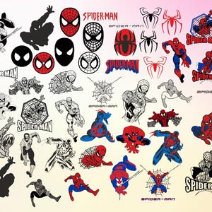 Op de afbeelding: Een verzameling Spider-Man-illustraties in rood en zwart, waaronder verschillende poses, webontwerpen en de tekst "SPIDER-MAN".