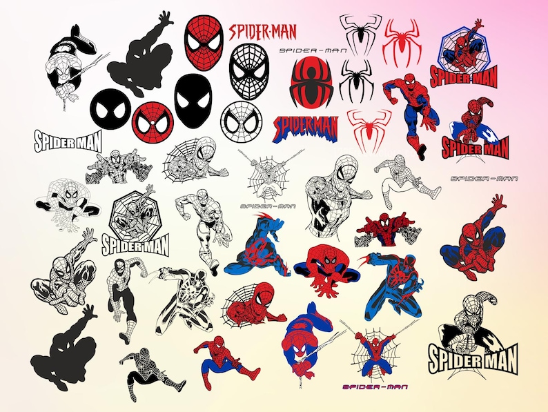 Op de afbeelding: Een verzameling Spider-Man-illustraties in rood en zwart, waaronder verschillende poses, webontwerpen en de tekst "SPIDER-MAN".