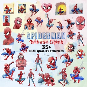 Puede incluir: Colección de imágenes prediseñadas de acuarela con el superhéroe Spider-Man. Las imágenes muestran a Spider-Man en varias poses, con una combinación de colores rojo y azul. Texto: "SPIDERMAN Watercolor Cliparts 35+ HIGH QUALITY PNG FILES."