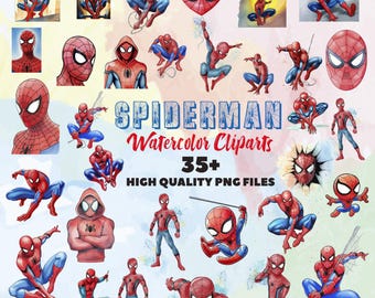 Spiderman Watercolor Clipart, 35+ PNG Files (Digital Download)