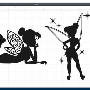 May include: Two black silhouette images of fairies. One fairy is lying down with her wings spread out behind her. The other fairy is standing with her wings spread out behind her. Both fairies have stars around them.
