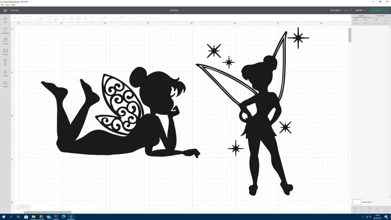 May include: Two black silhouette images of fairies. One fairy is lying down with her wings spread out behind her. The other fairy is standing with her wings spread out behind her. Both fairies have stars around them.