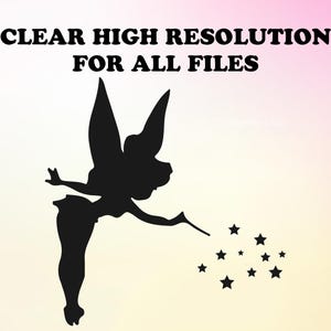 May include: Black silhouette of a fairy with wings and a wand, sprinkling glitter stars. The text "CLEAR HIGH RESOLUTION FOR ALL FILES" is above the fairy.