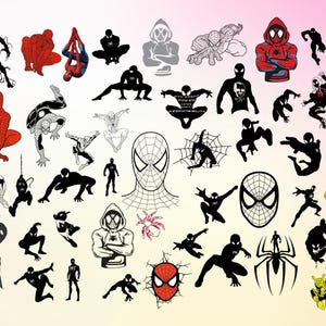 Op de afbeelding: Een verzameling zwarte en rode superheldensilhouetten, waaronder Spider-Man, Venom en andere personages. De silhouetten staan in verschillende poses, sommige met spinnenwebontwerpen.