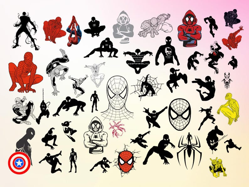 Op de afbeelding: Een verzameling zwarte en rode superheldensilhouetten, waaronder Spider-Man, Venom en andere personages. De silhouetten staan in verschillende poses, sommige met spinnenwebontwerpen.