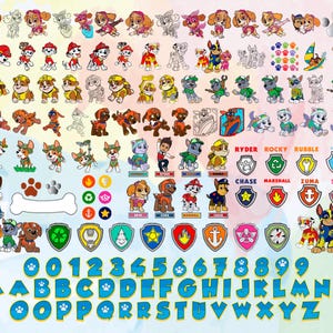 May include: A collection of colorful Paw Patrol character images, logos, numbers, and letters. The images include various pups in action poses, along with the Paw Patrol logo and character names. The letters and numbers are in a blue font.