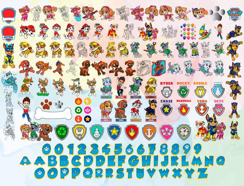 May include: A collection of colorful Paw Patrol character images, logos, numbers, and letters. The images include various pups in action poses, along with the Paw Patrol logo and character names. The letters and numbers are in a blue font.