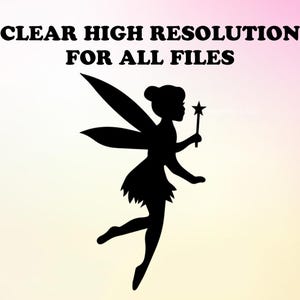 Op de afbeelding: Silhouet van een fee met vleugels en een toverstaf, tegen een roze en witte gradi&euml;nt achtergrond. De tekst "CLEAR HIGH RESOLUTION FOR ALL FILES" staat boven de fee.