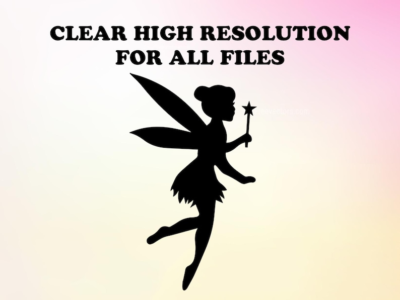 Op de afbeelding: Silhouet van een fee met vleugels en een toverstaf, tegen een roze en witte gradi&euml;nt achtergrond. De tekst "CLEAR HIGH RESOLUTION FOR ALL FILES" staat boven de fee.