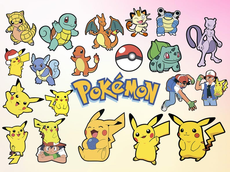 May include: A colourful illustration of various Pok&eacute;mon characters, including Pikachu, Bulbasaur, Charmander, Squirtle, and more. The image features the word "Pok&eacute;mon" in a stylised font.