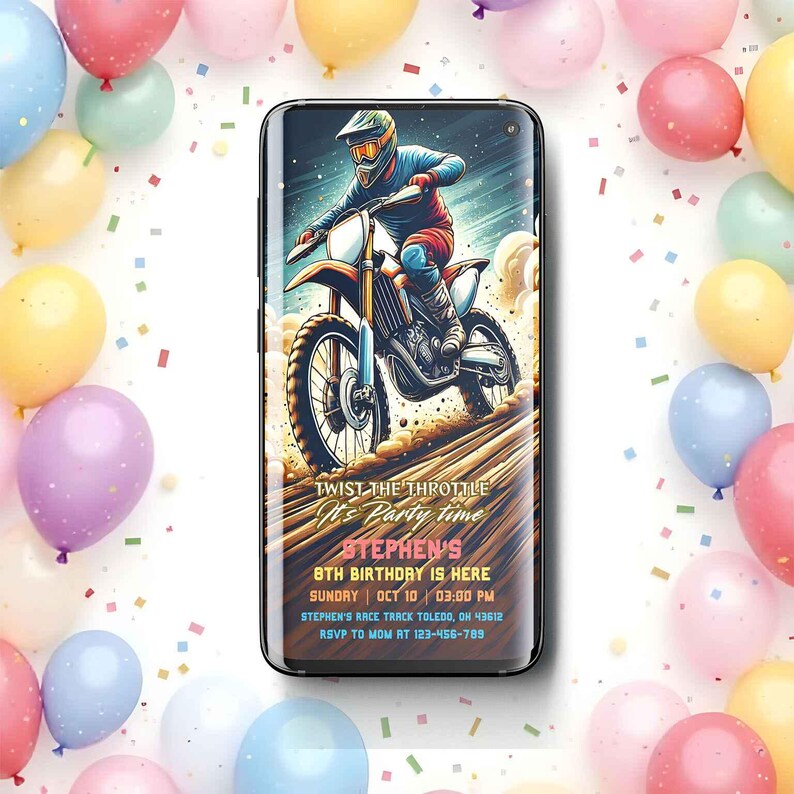 Editable Mobile Dirt Bike Birthday SMS Invitation, Motorbike Boys Party