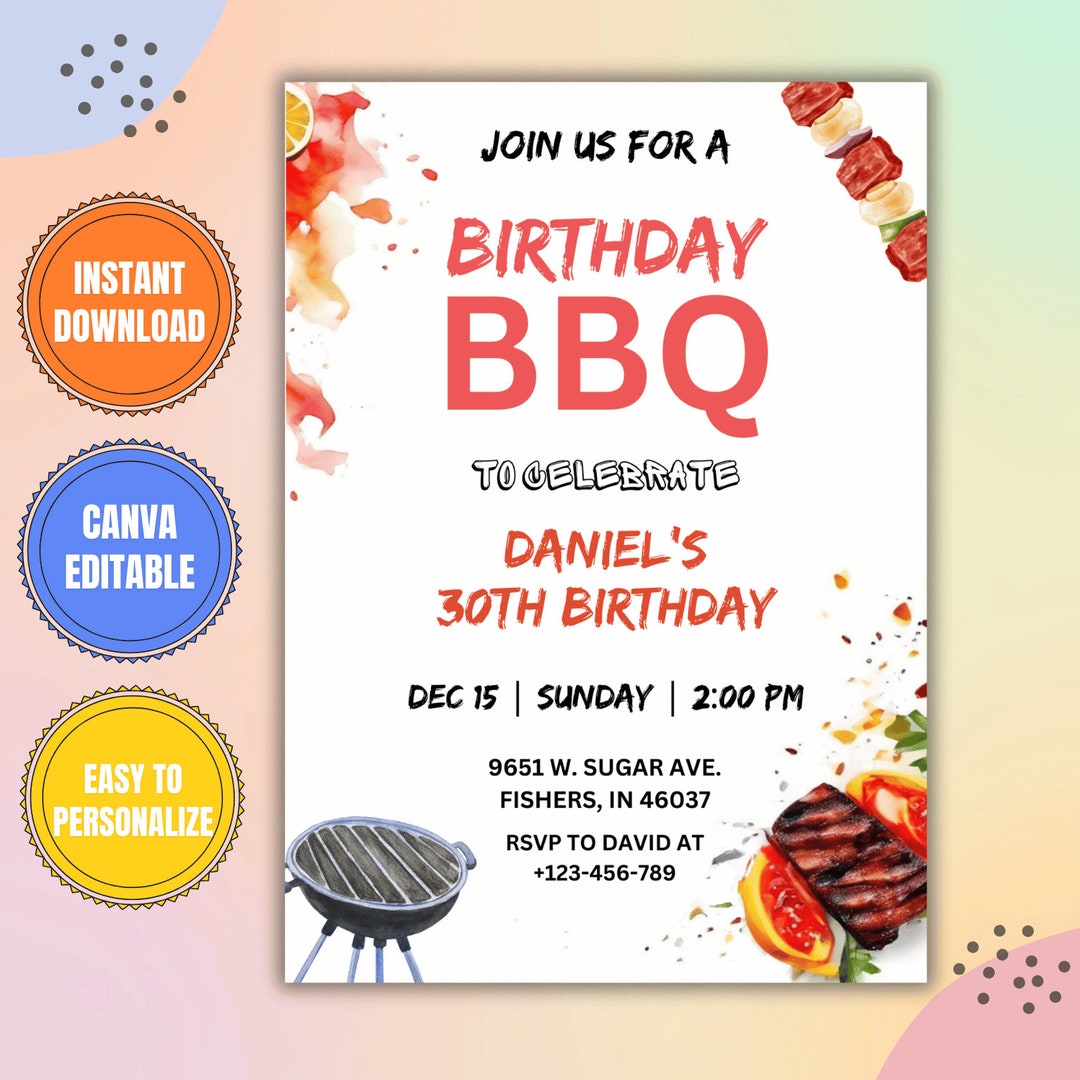 Editable BBQ Birthday Invitation Template, Barbeque Birthday Party