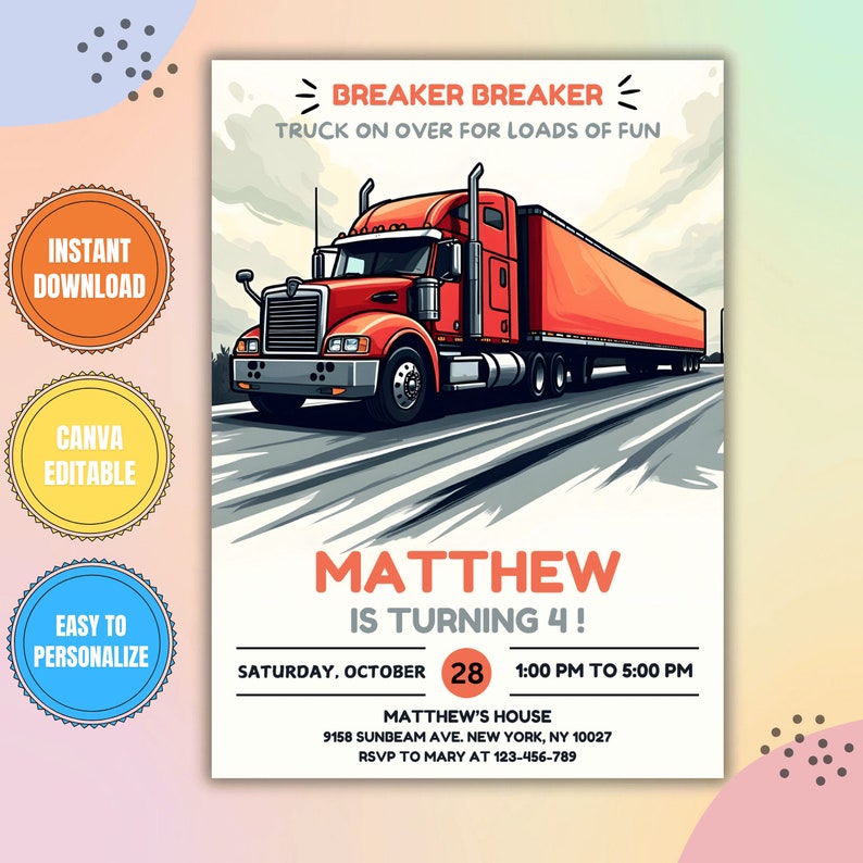 Editable Red Truck Birthday Invitation Semi Truck Invite 18 Wheeler ...
