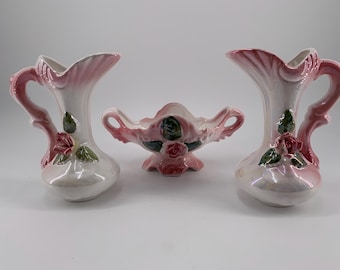 Vtg 3 pc Lusterware Pitcher Bud Vases and Dish w/Pink Roses