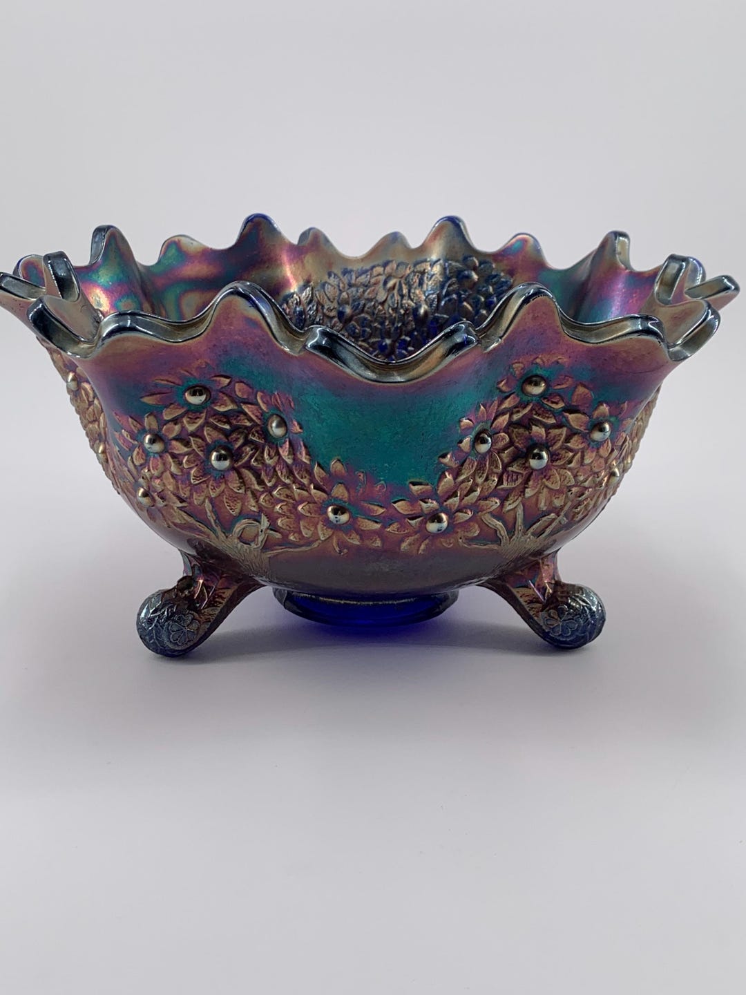 Antique Fenton Cobalt Blue Carnival Glass Large Footed Bowl