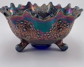 Antique Fenton Cobalt Blue Carnival Glass Large Footed Bowl - Orange Tree