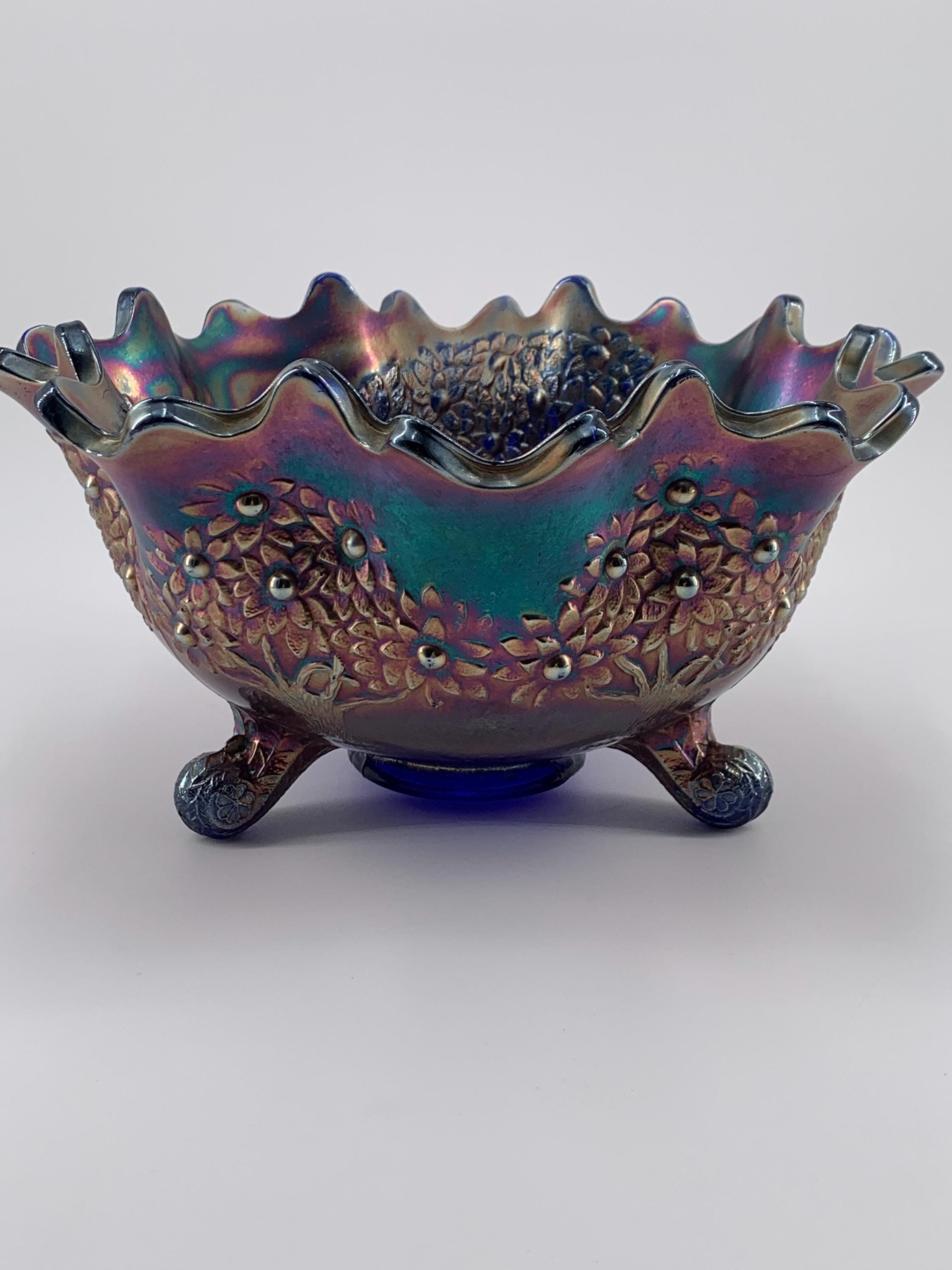 Antique Fenton Cobalt Blue Carnival Glass Large Footed Bowl