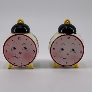 Vtg PY Miyao Japan Anthropomorphic Alarm Clock Salt & Pepper Shakers