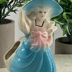 Vtg 1950s Shawnee Pottery Planter Southern Belle Blue Dress/Hat w/Pink Bow 5.5x3x2