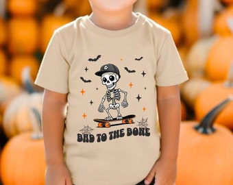 T-shirt d'Halloween pour tout-petit garçon, T-shirt Bad To The Bone, T-shirt d'Halloween pour enfants, T-shirt squelette pour enfants, T-shirt de skate pour enfants, T-shirt effrayant