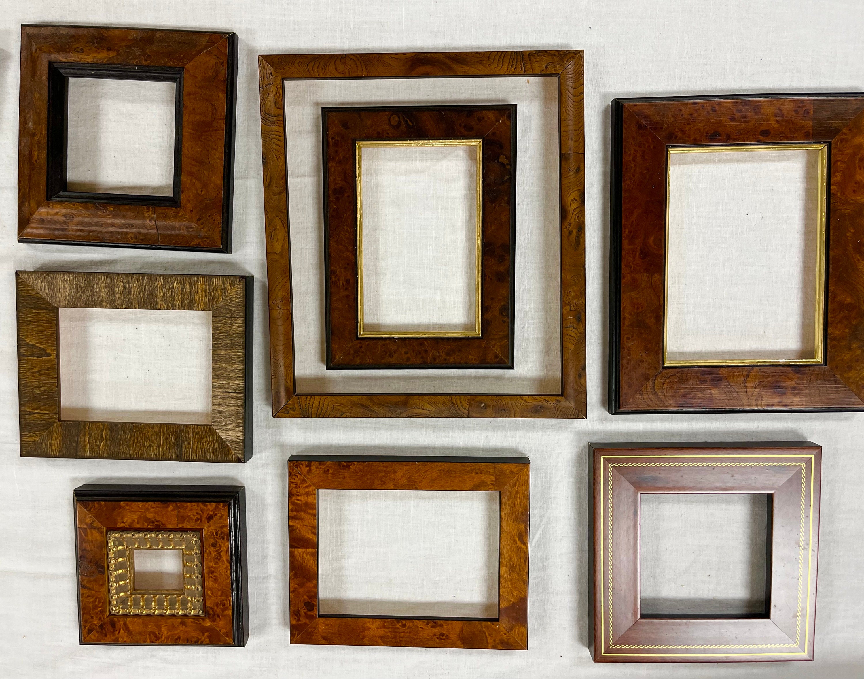 Set of 8 Various Sizes Burlwood Picture Frames