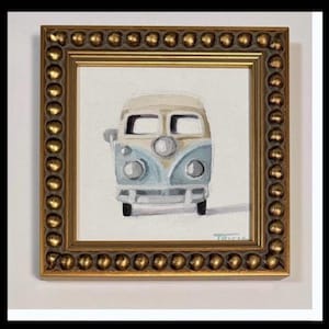 May include: A framed painting of a vintage blue and white van with a cream-colored roof. The van is painted in a simple style with a few details, such as the headlights and the windshield. The frame is gold with a beaded edge.
