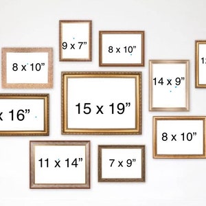 May include: A wall gallery of 10 different picture frames in various sizes and colors. The frames are all rectangular and have a gold or silver finish. The frames are arranged in a grid pattern on a white wall. The frames are labeled with their dimensions in inches.