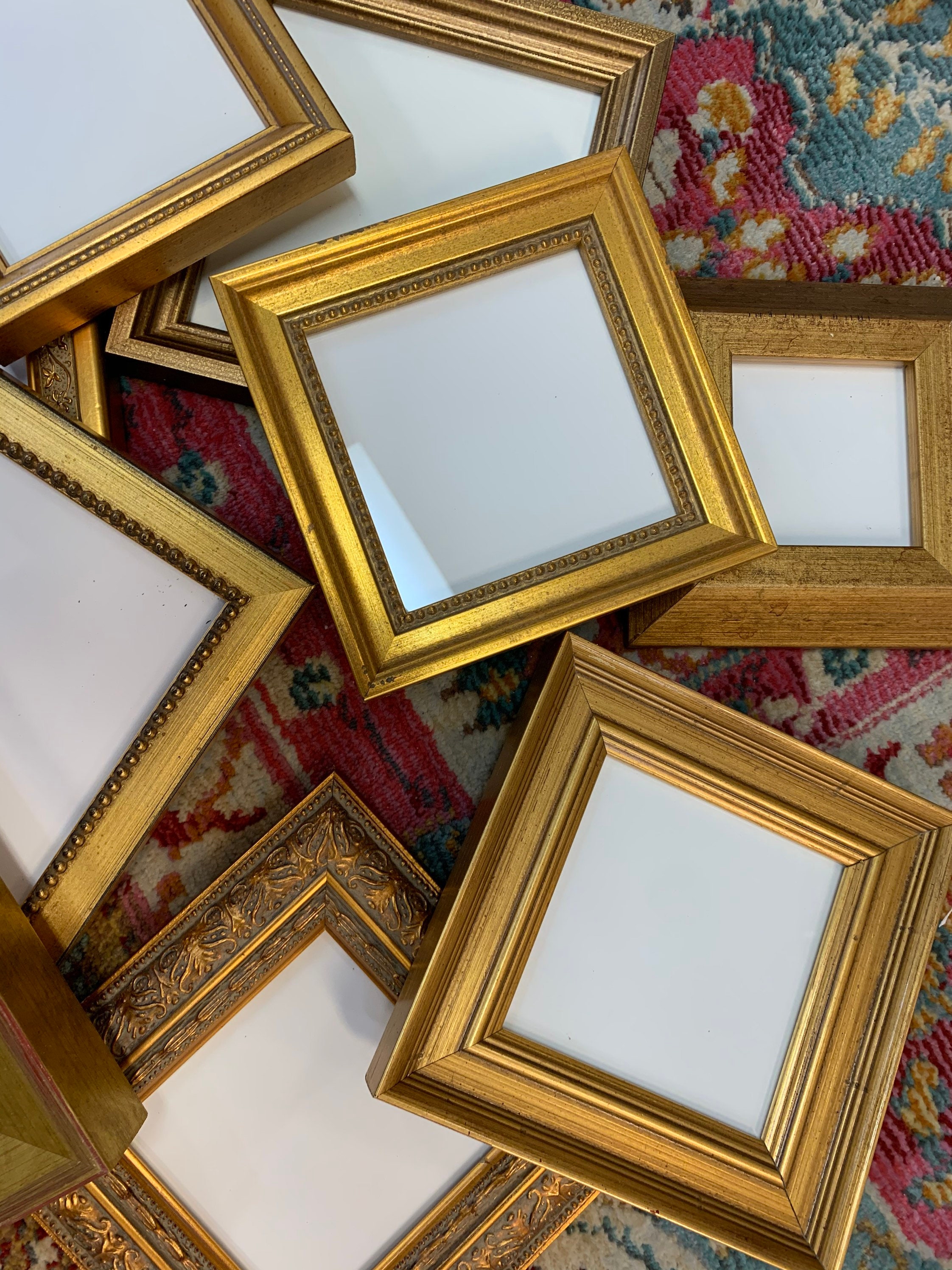 Lot of 9 Small Gold Picture Frames 4x4” to HANG
