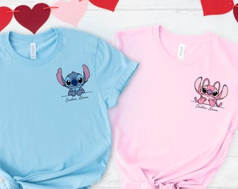 Anpassad namntröja med Stitch och ängel, personlig Disney Lilo och Stitch matchande t-shirt, namntröja för barn, pojke och flicka, anpassad familjematchande tröja