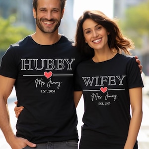 Custom Comfort Colors® Hubby & Wifey Shirt, Personalized Engagement Gift For Bride, Groom Wife Tee, Honeymoon Clothes, Wedding Party Outfit