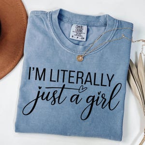 Ich bin buchstäblich nur ein Mädchen gesticktes Komfortfarben-T-Shirt, lustige Geschenke, Girly Shirt, Girly Geschenk Rosa, lustiges y2k meme Shirt, Geschenkideen Sie