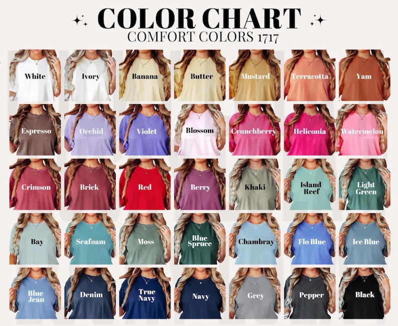 Pu&ograve; includere: Una tabella colori con una variet&agrave; di colori di magliette, tra cui bianco, avorio e nero. Il testo "COLOR CHART COMFORT COLORS 1717" &egrave; in alto. Ogni colore &egrave; mostrato su una maglietta.
