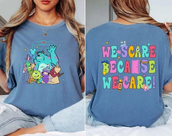 Camiseta "Asustamos porque nos importa", camiseta de dos caras de Monster Inc., sudadera de Disney Monster Inc., camiseta a juego de Disneyworld, regalos de Disney Monsters