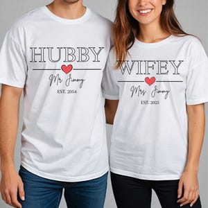 Custom Comfort Colors® Hubby & Wifey Shirt, Personalized Engagement Gift For Bride, Groom Wife Tee, Honeymoon Clothes, Wedding Party Outfit