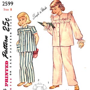 May include: A vintage sewing pattern for pajamas, Simplicity pattern number 2599, size 8, for 25 cents. The pattern includes two different styles of pajamas, one with stripes and one with ruffles. The pattern is simple to make.