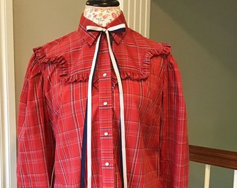 Ladies Red Plaid Western Blouse Size 38 Bust