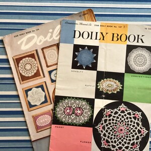 May include: Two vintage doily books with a checkered pattern on the cover. The books are titled "Star Doily Book" and feature different doily designs, including a pansy, ruffle, novelty, and conventional style.