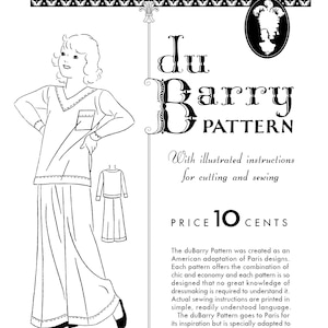 May include: Black and white line drawing of a girl wearing a pajama top and pants. The drawing is from a vintage sewing pattern for a girl's pajama. The pattern is called "duBarry Pattern" and the price is 10 cents.