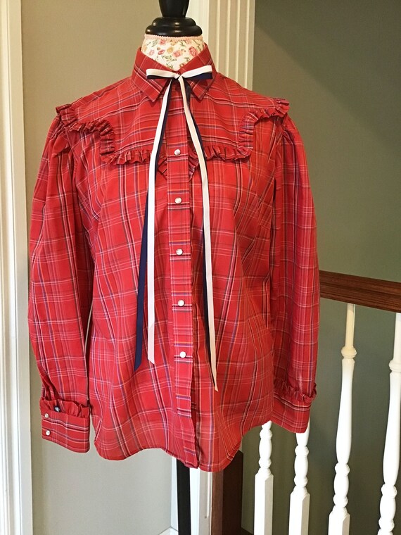 Ladies Red Plaid Western Blouse Size 38 Bust