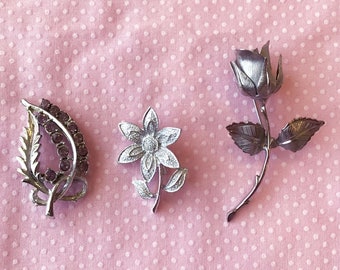 Three Vintage Flower Brooches